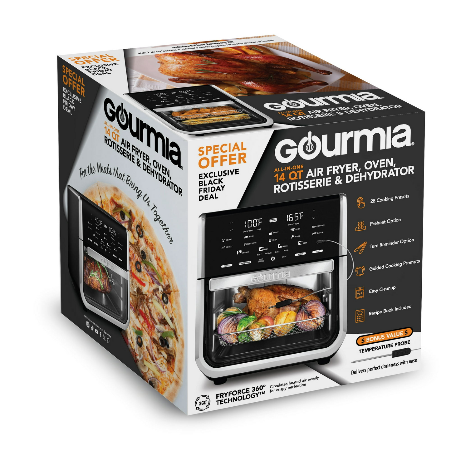 Gourmia All-in-One 14-Quart Air Fryer, Oven, Rotisserie, Dehydrator with Temperature Probe, New