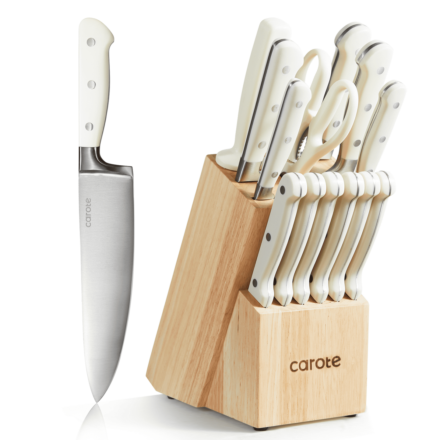 CAROTE 14 Pieces Knife Set with Wooden Block Stainless Steel Knives with Ergonomic Handle, Forged, White