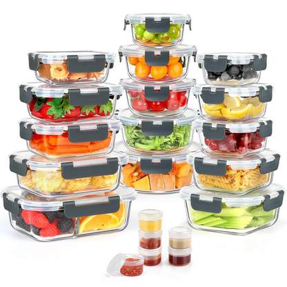 TAIMASI 21 Set Glass Food Storage Containers with Snap Locking Lids Set, Glass Meal Prep Containers, 21 Containers & 21 Lids, Grey