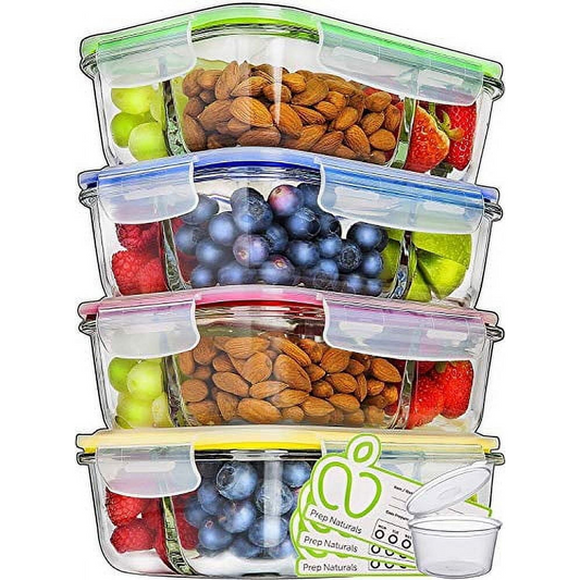 Prep Naturals - Glass Food Storage Containers - Meal Prep Container - 4 Packs, 3 Compartments, 34 Oz