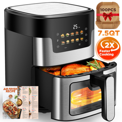 Air Fryer Oven, 10-in-1 7.5Qt Multifunction Air Fryer with Digital LED Touch Screen, 10 Preset Cookings, Dishwasher-Safe Basket, 95% Less Oil, Nonstick Dishwasher-Safe Basket, 100Pcs Liner