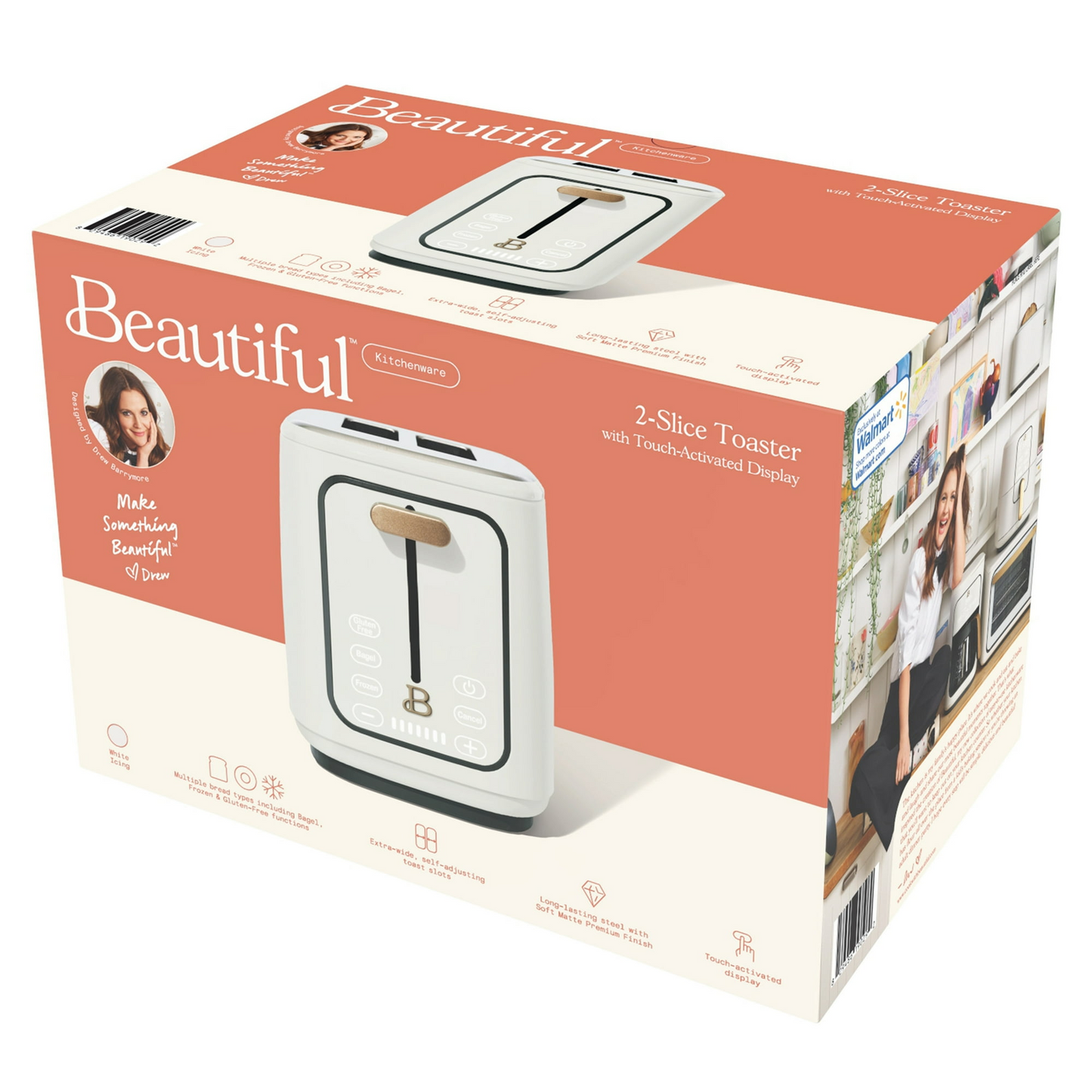 Beautiful 2 Slice Toaster with Touch-Activated Display, White Icing by Drew Barrymore