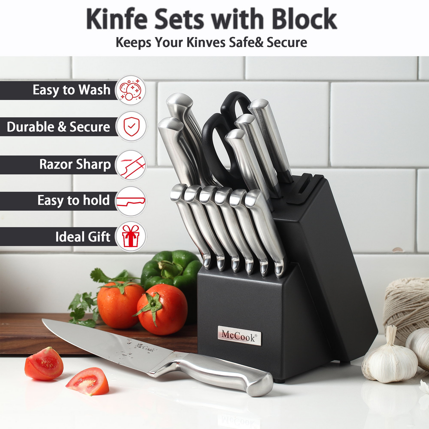 Mccook Mc21 15 Pieces Kitchen Knife Sets With Block Cutlery Knife Block Set Built-In Sharpener