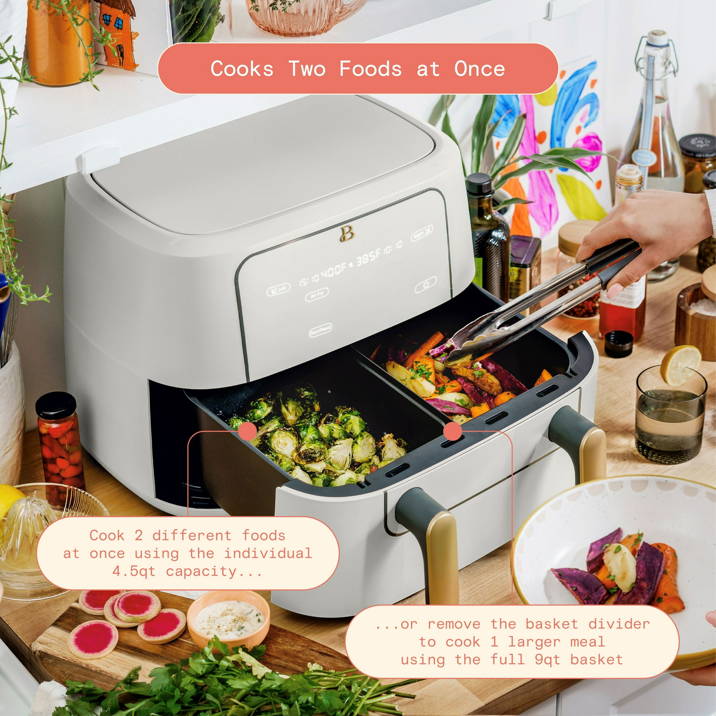 Beautiful 9 QT TriZone Air Fryer, White Icing by Drew Barrymore