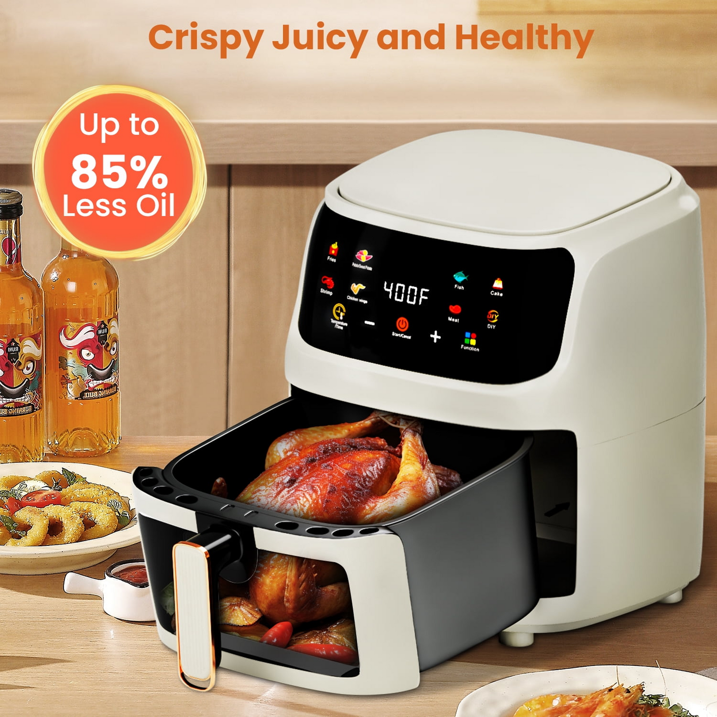 Bluebow Air Fryer Large 7.5QT, 8-in-1 Digital Touchscreen, Visible Cooking Window, 1700W, White