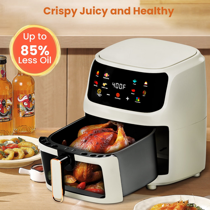 Bluebow Air Fryer Large 7.5QT, 8-in-1 Digital Touchscreen, Visible Cooking Window, 1700W, White