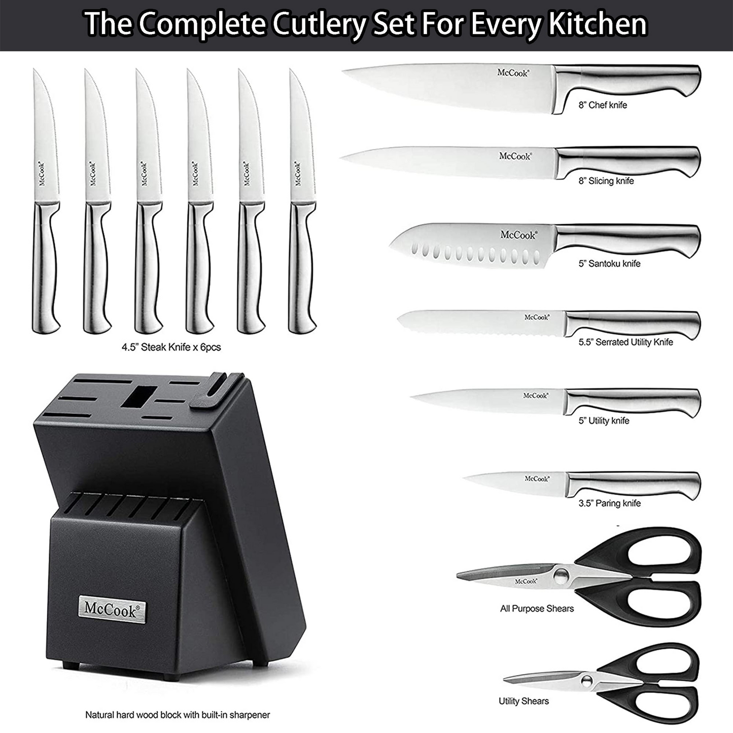 Mccook Mc21 15 Pieces Kitchen Knife Sets With Block Cutlery Knife Block Set Built-In Sharpener