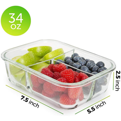 Prep Naturals - Glass Food Storage Containers - Meal Prep Container - 4 Packs, 3 Compartments, 34 Oz