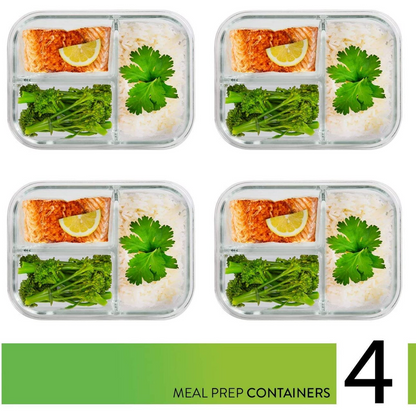 Prep Naturals - Glass Food Storage Containers - Meal Prep Container - 4 Packs, 3 Compartments, 34 Oz