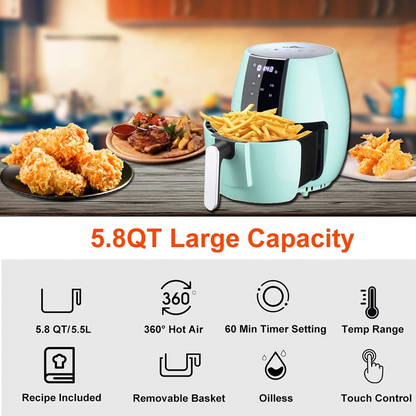 Sanptent 5.8 Quart Air Fryer, Electric Hot Oven Oilless Multifunctional Cooker with Digital LED Touchscreen, Auto Shut-off, ETL Certified, Best Present Gift (Green)