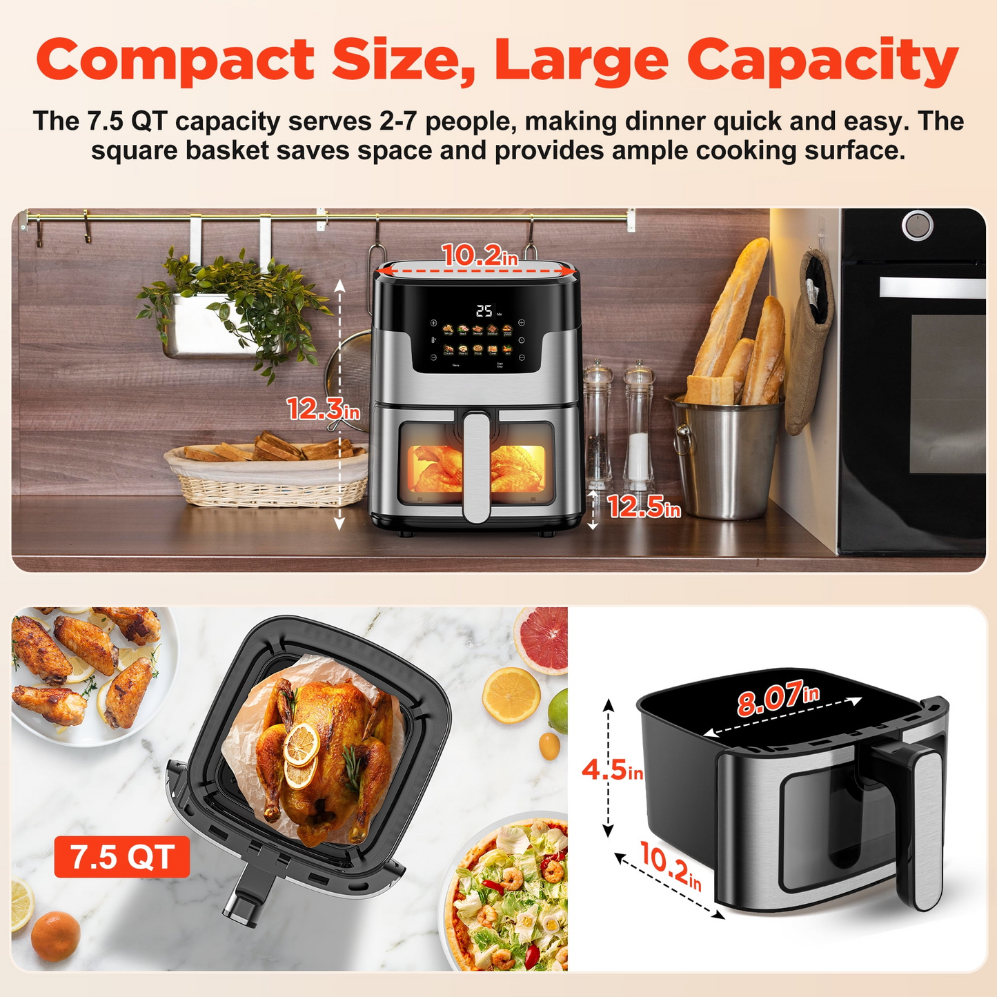 Air Fryer Oven, 10-in-1 7.5Qt Multifunction Air Fryer with Digital LED Touch Screen, 10 Preset Cookings, Dishwasher-Safe Basket, 95% Less Oil, Nonstick Dishwasher-Safe Basket, 100Pcs Liner