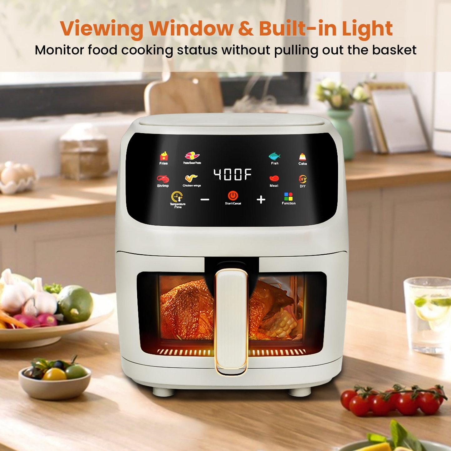 Bluebow Air Fryer Large 7.5QT, 8-in-1 Digital Touchscreen, Visible Cooking Window, 1700W, White